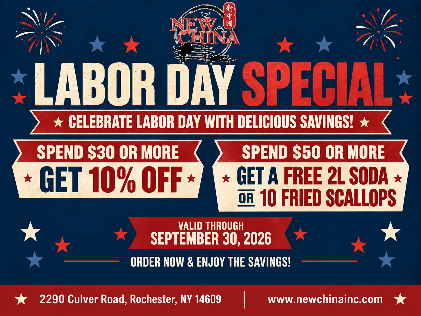 New China Labor Day special: spend $30+ for 10% off, or $50+ for free soda or fried scallops.